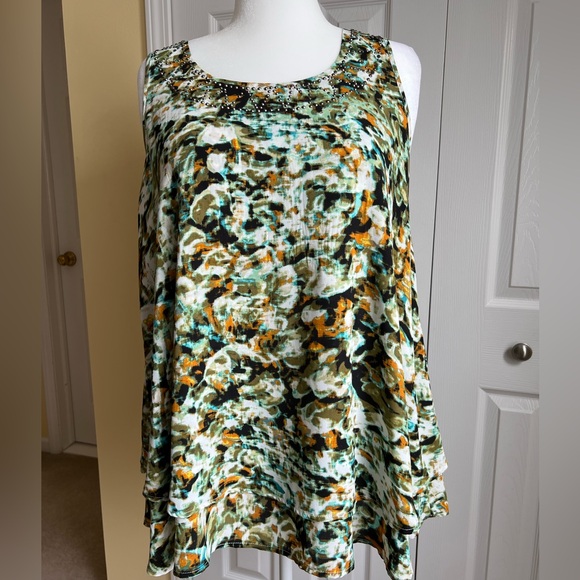 Harper & Liv Teal/Rust Patterned Sleeveless Blouse (1X) - Picture 1 of 7